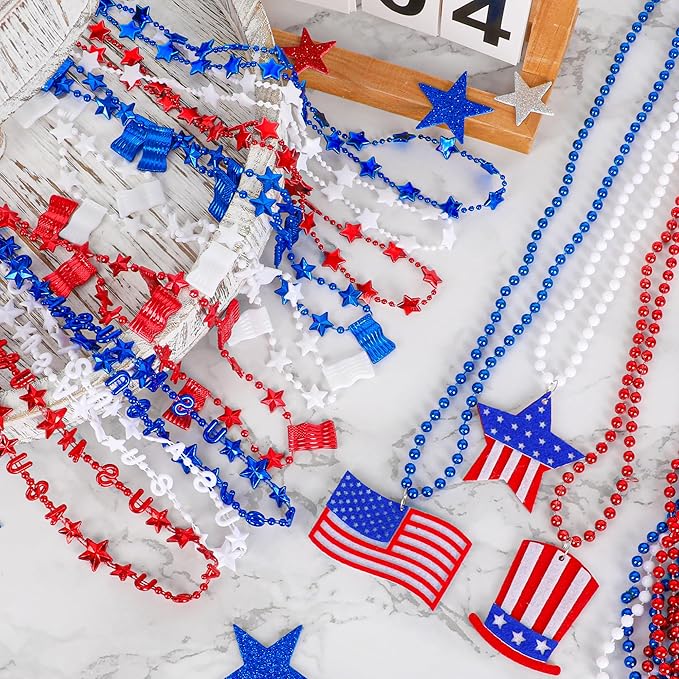 72PCS 4th of July Accessories, Independence Day Bead Necklaces, USA Hat Flags Pendant Patriotic Fourth of July Red Blue White Necklace, Metallic Necklace for Flag Day Parades Party Favors Decorations