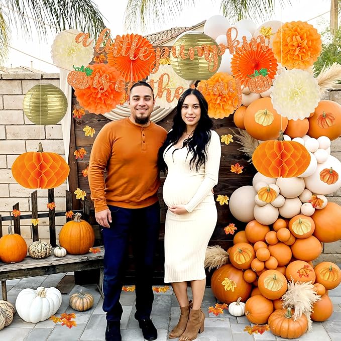 Kriyokiaa Little Pumpkin Baby Shower Decorations 71 Pcs Fall Baby Shower Decor with Tissue Pompom, Paper Fans, Lantern, Banners & Artificial Maples for Rustic Neutral Shower Party Supplies