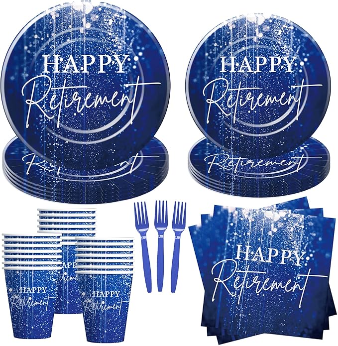 Blue Retirement Party Decorations Tableware For Women Men, Disposable Happy Retirement Party Supplies, Paper Plate, Cup, Napkin, Fork, Serve 24