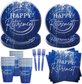 Blue Retirement Party Decorations Tableware For Women Men, Disposable Happy Retirement Party Supplies, Paper Plate, Cup, Napkin, Fork, Serve 24
