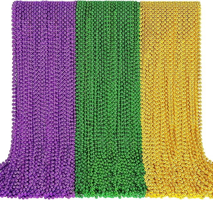SHAOQINLIN 144 PCS Mardi Gras Beads Necklaces, 33'' Metallic Gold Green Purple Bead Necklace Mardi Gras Accessories Throw Beads in Bulk for Mardi Gras, Christmas, Party Favors