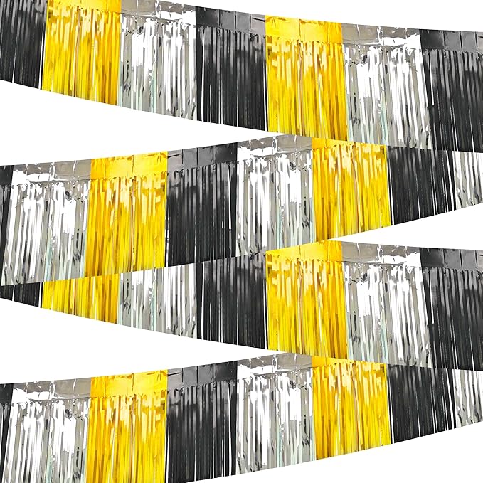 4 Packs Total 39 Ft Parade Floats for Trailer Car, Black Gold Silver Foil Fringe Garland Tinsel Streamers Banner Table Skirts for Graduation Homecoming New Year's Eve Birthday Party Decor