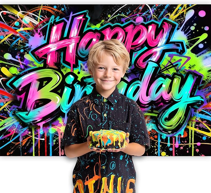 Imirell Graffiti Happy Birthday Backdrop 7Wx5H Feet Colorful Painting Splatter Neon Glow in The Dark Polyester Fabric Modern Celebrate Party Photography Backgrounds Photo Shoot Decor Props Decoration