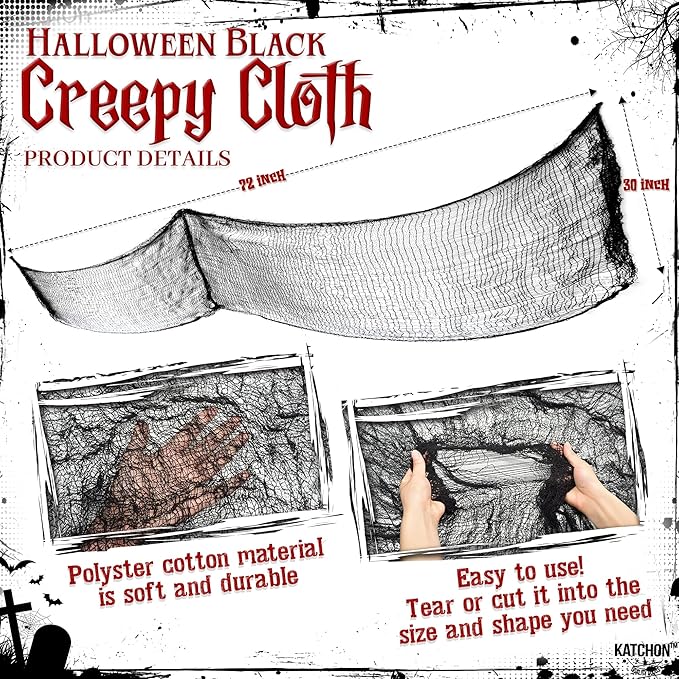 KatchOn, Halloween Creepy Cloth and Crows - Pack of 7 | 72x30 Inch, Black Spooky Cloth Realistic Black Feathered Crows | Scary Decor and Raven Decorations | Halloween Decorations Outdoor Indoor