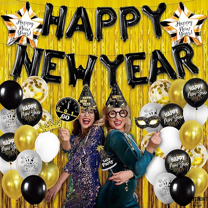KatchOn, New Years Eve Party Supplies 2026 - Huge, Set of 110 | Black Happy New Year Balloon Banner | New Years Photo Booth Props, Gold Fringe Curtain Backdrop | NYE Decorations 2026