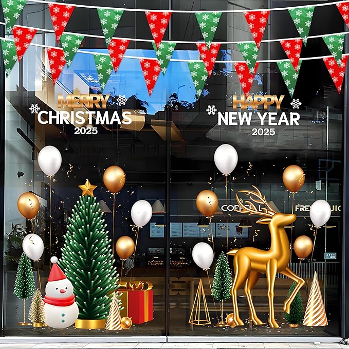 100 Feet Red Green Christmas Pennant Banner Flags String Triangle Bunting Garland with White Snowflakes for Christmas Tree Indoor Outdoor Shops Hanging Decoration,60 Pcs