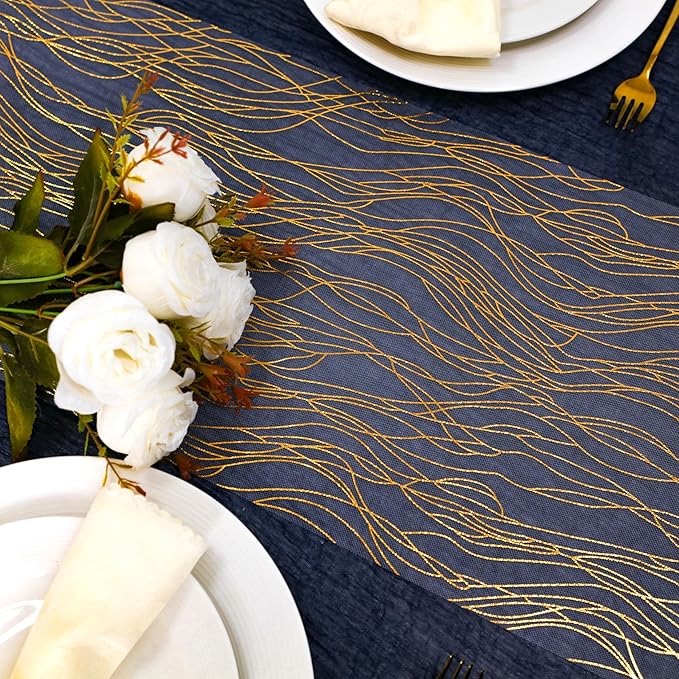 Snowkingdom 2pcs Gold Wave Table Runner, 11×108 Inch Golden Metallic Sparkle Lines Mesh Table Runners, Lightweight Gold Centerpiece for Valentine's, Wedding, Birthday, Christmas, Party Dinner Decor