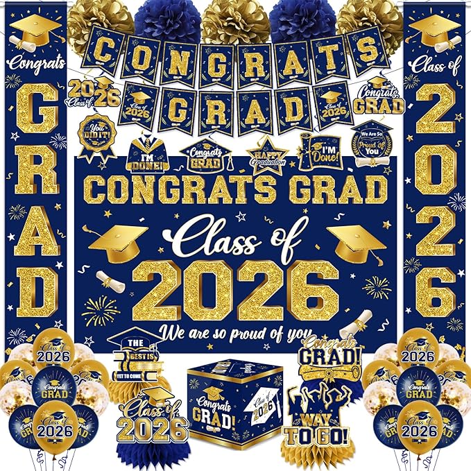 2026 Graduation Decorations - Navy Blue Congrats Grad Party Supplies include Card Box, Backdrop, Banner and Balloons for Class of 2026 Decorations Set