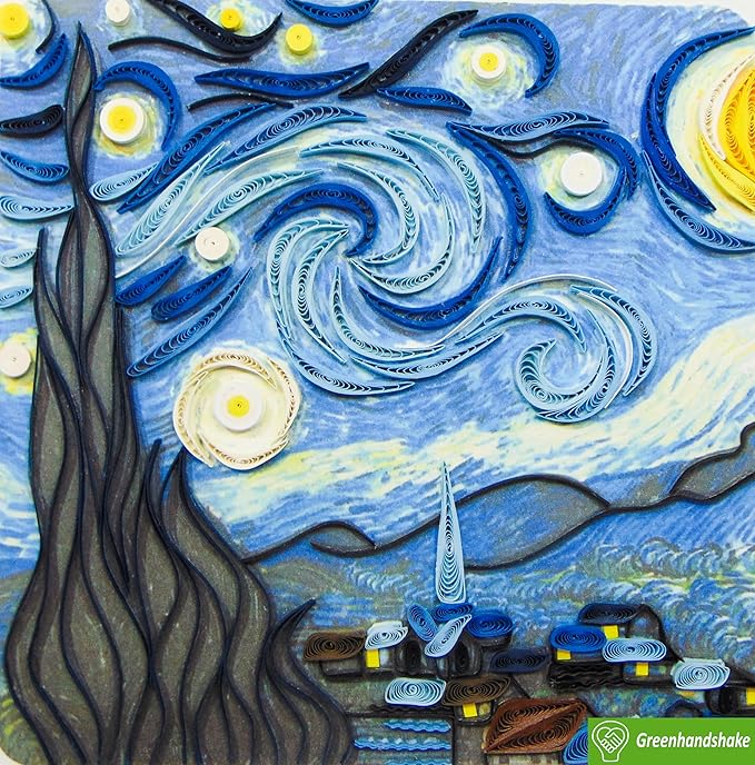 Van Gogh's The Starry Night (1889), Quilling Art Greeting Card - Design Greeting Card for Birthday, Valentine's Day, Mothers Day, Spring, Fathers Day, Graduation, Wedding, Anniversary, Thank You, Get Well, All Occasion. Framable Artwork for Art Lovers.