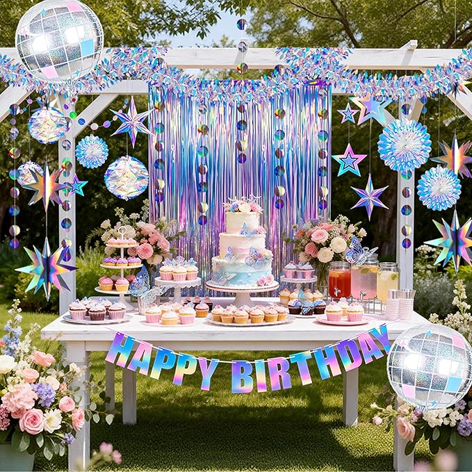 BTSD-home Iridescent Star Garland Decorations 14 Mixed 3D Twinkle Hanging Stars with 5.25FT Holographic Octagon Star Garland for Home School Ceiling Window Starry Space Birthday Party Decorations
