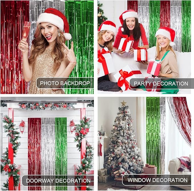 LOLStar 5 Pack Christmas Foil Fringe Curtains Decoration 3.3 X 6.6 ft Red Silver Green Tinsel Fringe Photo Backdrop Streamer for New Year, Ugly Sweater Party