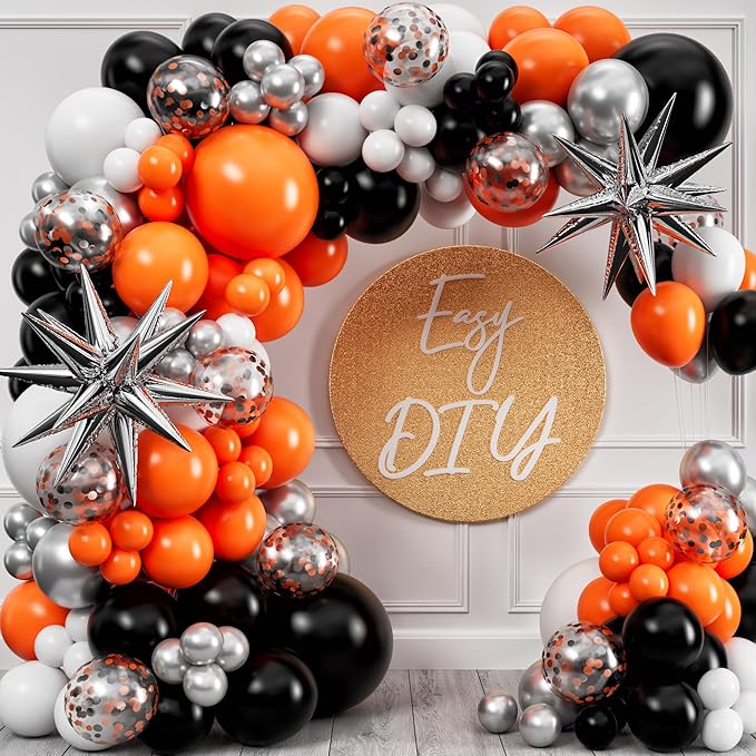 ALL-IN-1 Orange Black White Balloons Arch Kit with BONUS Starburst Balloons – Small & Large White Orange Black Balloons – Party Decorations for Graduation, Birthday Bengals, Halloween, Harley Davidson
