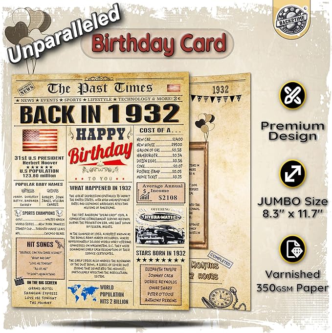 94th Birthday Card for Women Men - Back In 1932 Newspaper - 94th Happy BIRTHDAY card - 94th birthday gift for Her Him - JUMBO size - 94th birthday decorations Dad Mom - Best gifts for 94 year old