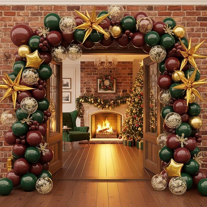 Winter Christmas Garland decorations with Maroon Hunter Green Gold confetti Balloon arch & Foil Star balloons & Artificial Snowflake Xmas Garland for wine red friendsmas new year party decorations