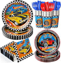 168pcs Racing Car Birthday Party Decorations Race Car Plates Napkins Disposable Parper Cups Blue Forks Tableware Set Party Supplies for Kids Boys Birthday Decor 24 Guests