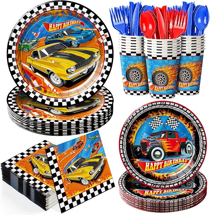 168pcs Racing Car Birthday Party Decorations Race Car Plates Napkins Disposable Parper Cups Blue Forks Tableware Set Party Supplies for Kids Boys Birthday Decor 24 Guests