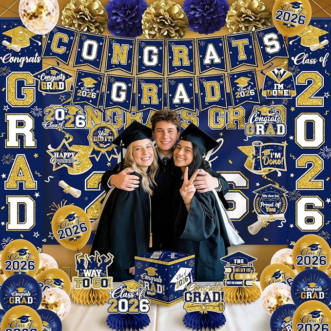 Navy Blue and Gold Graduation Decorations 2026 Set, All-in-1 Kit with Congrats Grad Banner Class of 2026 Backdrop Porch Sign Balloons Centerpieces Card Box Pom Poms Streamers for College High School