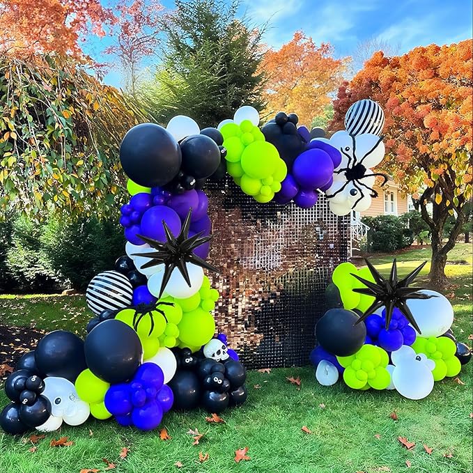 Halloween Balloon Arch Garland Kit, Purple Neon Green Party Decor with Star Spikes & Black and White Stripes Foil Balloons, Black Eyes Green Spooky Balloon for halloween Outdoor Party Decorations