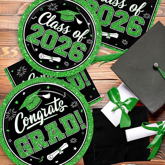 Graduation Decorations 2026 Graduation Party Plates and Napkins Set Black Green Class of 2026 Graduation Party Supplies for Congrats Grad Party Decor, Serve 50