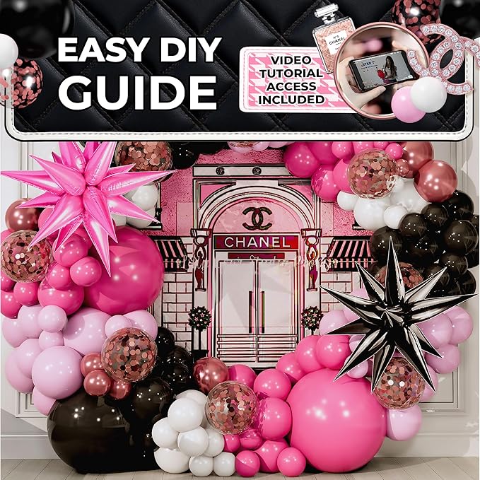 ALL-IN-1 Pink and Black Balloons Arch Kit with BONUS Starburst Balloons – Pink Black and White Balloons for Hot Pink and Black Party Decorations for Birthday, Boss Baby, Mean Girls, Barbie, Minnie