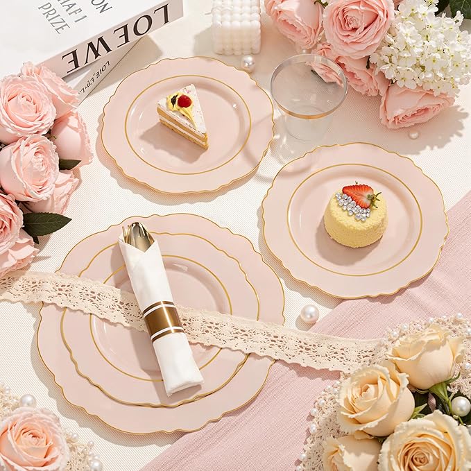 Liacere 350PCS Pink Plates Disposable-PinK Plates 50guest Baroque Plastic Dinnerware include 100Plates, 50Pack Pre Rolled Napkins with Silverware 50Cups Perfect for Wedding ＆ Easter Day