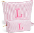 Travel Toiletry and Makeup Bag - Travel Essentials for Women, Light Pink Initial Makeup Bags for Hair Ties, Clips, Brushes, Sponges, Lipsticks, Blush, Eyelash Curler, Easy to Carry, Letter L