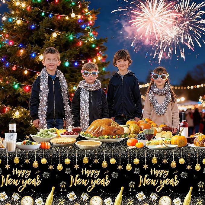 2 Pcs Happy New Years Tablecloth Plastic - Black Gold New Years Eve Party Supplies 2026 Table Cloth, Disposable Large Happy New Year Table Cover for 2026 New Year Party Tables Decorations, 54x108 Inch