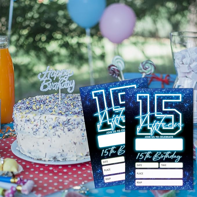 SIXEIGHT Blue 15th Birthday Invitations for Boys, Neon Glow Party Invitations for Girls Kids, 20 Pack Double Sided Invite Cards with Envelopes, 15th Glow Neon Birthday Party Decorations, 4x6 Inch-C48