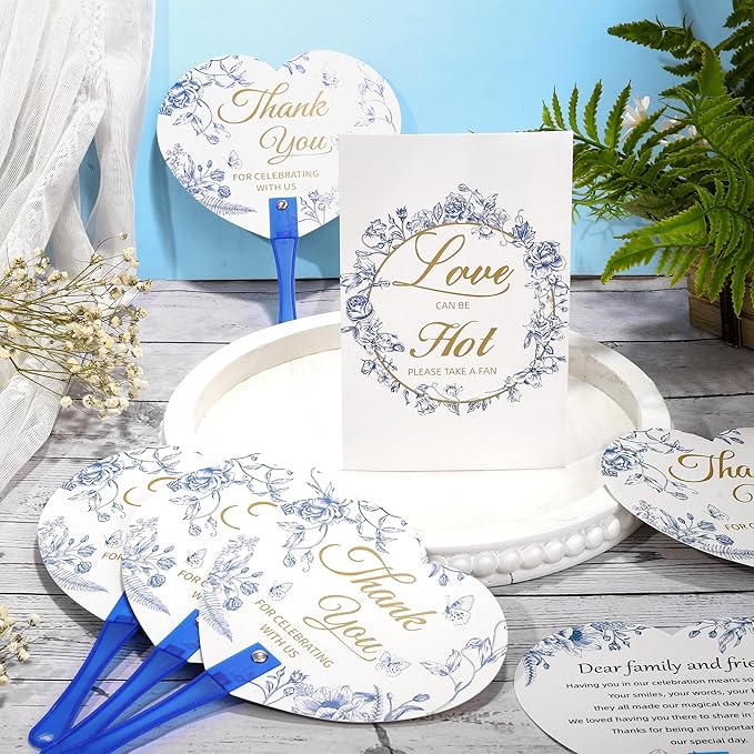 Aneco 120 Pieces Wedding Hand Plastic Fans with Wedding Table Sign Handheld Plastic Fan with Handle for Guests Bulk Wedding Hand Fans for Wedding Ceremony Bridal Shower, Blue Floral