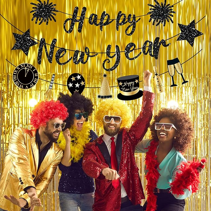 Happy New Year Banner Black New Years Decorations 2026 Glitter Pre-Strung New Year Eve Sign for NYE Party Supplies
