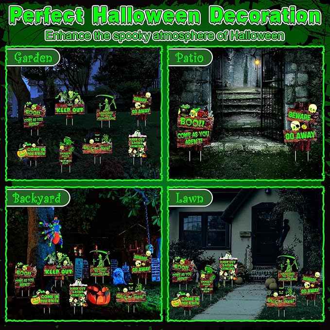Jetec 8 Pcs Halloween Decorations Outdoor Glow in the Dark Beware Yard Signs Stakes Creepy Assorted Warning Sign Scary Zombie Theme Party Decor Supplies for Outdoor Lawn Yard Garden