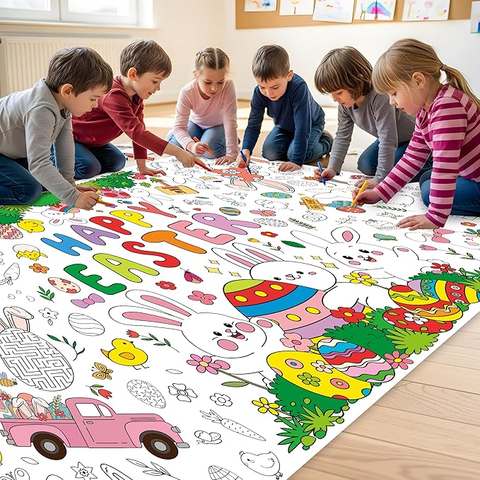 Giant Easter Coloring Tablecloth, 54" x 108" Easter Crafts Table Cloth, Coloring Tablecloth Disposable for Crafts Party Decorations, Rectangular Painting Poster Banner Art Activities with Bunny Eggs