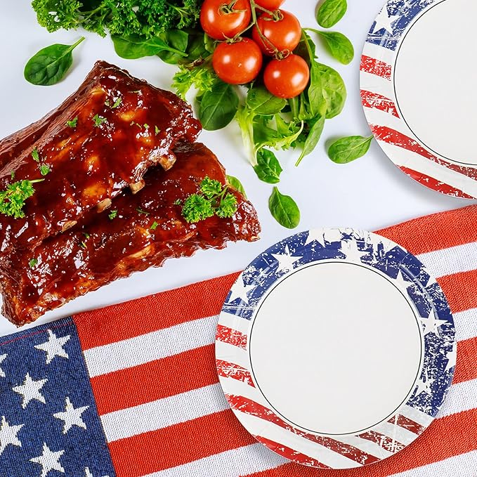 48pcs 4th of July Party Paper Plates 7" Patriotic American Flag Dessert Plate Set Disposable Independence Day Memorial Day Tableware Party Dinnerware Kit Supplies Holidays Birthday Decoration