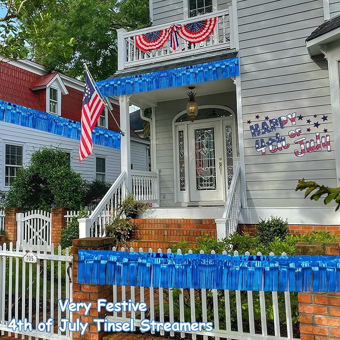 4 Packs Total 39 Ft Parade Floats for Trailer Car, Blue Foil Fringe Garland Tinsel Streamers Hanging Backdrop Banner Table Skirts for 4th of July Graduation Homecoming Wedding Birthday Party Decor