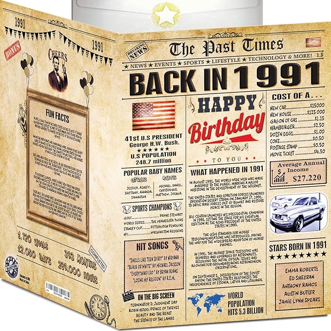 35th Birthday Card for Women Men - Back In 1991 Newspaper - 35 th Happy BIRTHDAY card - 35 birthday gift for Her Him - JUMBO size - 35th birthday decorations Dad Mom - Best gifts for 35 year old
