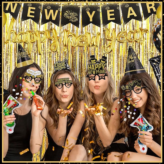 136 Pcs New Years Eve Party Supplies Kit New Year's Eve Party Supply Include Hats Glasses Headbands Blowouts Balloons Inflatable Fireworks Gun Banner for 2026 Holiday Celebration Decor