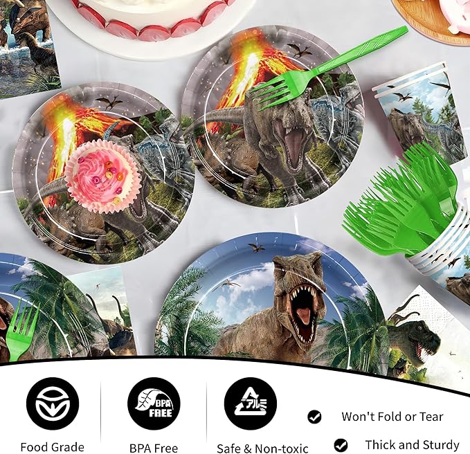 Dinosaur Birthday Party Supplies Dino World Baby Kids Happy Birthday Party Disposable Tableware Set Plates Napkins Cups Green Forks for 24 Guests