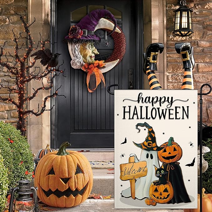 Happy Halloween Garden Flag 12x18 Double Sided Ghost Jack O Lantern Bat Garden Flag 3Ply Fabric Halloween Pumpkin Garden Flags for Outside House Indoor Outdoor Holiday Yard Sign Decor