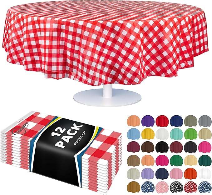Grandipity 12 Pack Premium Disposable Plastic Picnic Tablecloth 84" Inch Decorative Round Table Cover - Red Checkered Gingham
