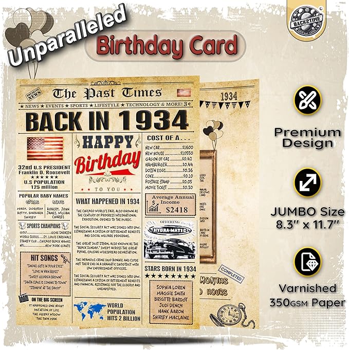 92nd Birthday Cards for Men & Women - Back In 1934 Newspaper (Bday Card + Envelope) Large HAPPY BIRTHDAY Decorations for Her Him Vintage Funny card for Wife Husband & Grandparents 92 years