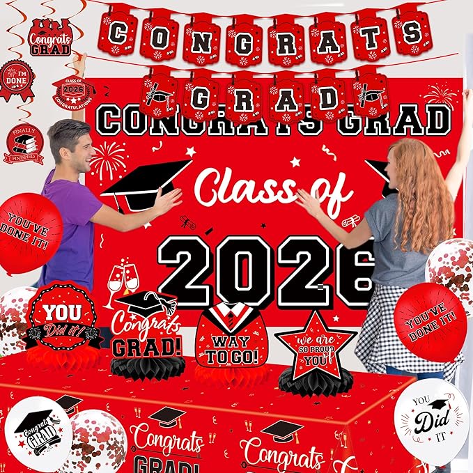 Graduation Decorations 2026, Class of 2026 Backdrop, Banner, 2026 Foil Balloons, Tablecloth, Hanging Swirls, Honeycomb Centerpieces, Party Supplies Decorations Set for College (RED)