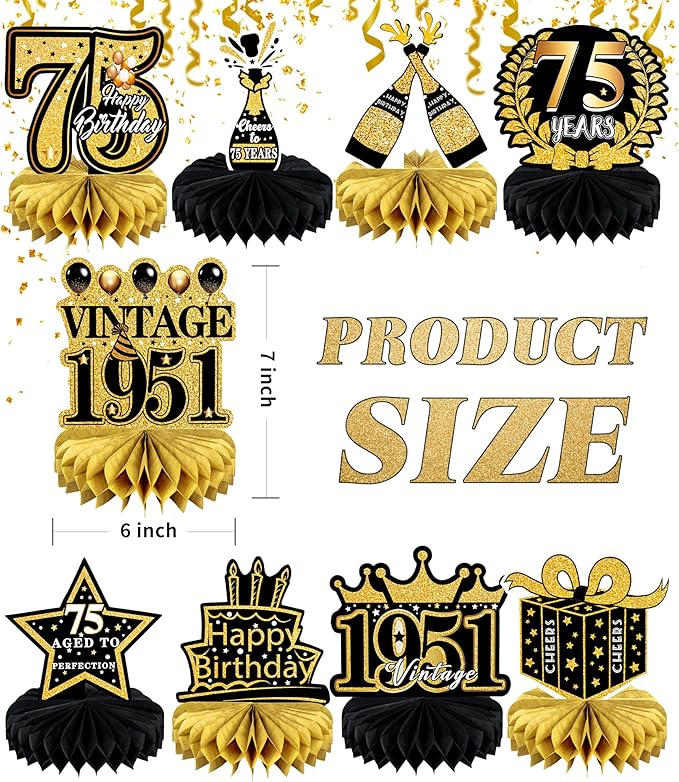 9 Pcs 75th Birthday Decoration 75 Birthday Party Decorations for Men Women 75 Years Birthday Tables Decorations Cheers to 1950 Centerpieces Honeycomb Black and Gold 75th Birthday Party Favors