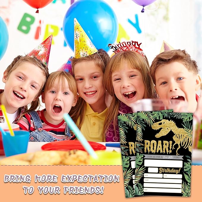 Gold Dinosaur Birthday Party Invitations, 20-Count Jungle Birthday Party Invites With Envelopes-HBYQK-B44