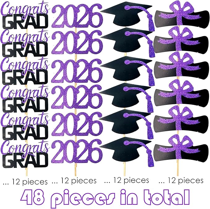 2026 Graduation Cupcake Toppers, 48 PCS Food/Appetizer Picks For Graduation Party Mini Cake Decorations, Diploma, 2026, Grad Cap Set 48 Pieces (05 Purple)