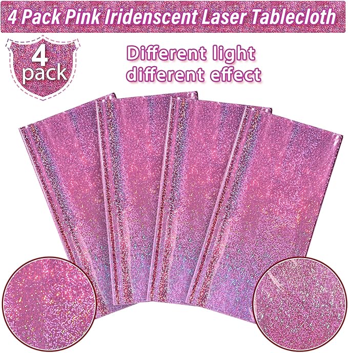 4 Pack Iridescence Plastic Tablecloths Shiny Disposable Laser Rectangle Table Covers Holographic Foil Tablecloth Iridescent Kpop Birthday Bridal Wedding Christmas Party Decoration, 54" x 108" (Pink)