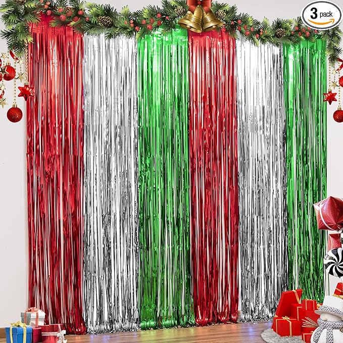 LOLStar 3 Pack Christmas Party Decorations 3.3 x 6.6ft Foil Fringe Curtains Red Silver Green Tinsel Metallic Photobooth Props Backdrop Streamers for Christmas in July, New Year, Ugly Sweater Party
