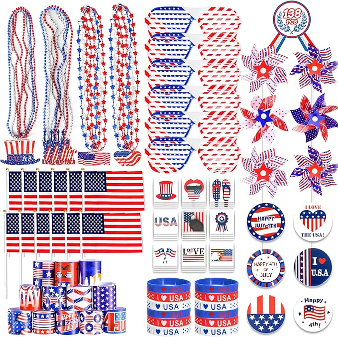 MGparty 4th of July Accessories, 138Pcs Patriotic Party Favors Supplies Set Fourth of July Decorations Independence Day Celebrations Memorial Day Decor Classroom Prizes for kids