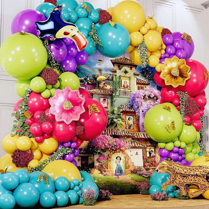 ALL-IN-1 Maribel Encanto Balloons Garland Decorations Arch Kit with BONUS Leopard for Encanto Birthday Party Supplies – Small and Large Purple, Teal, Yellow, Green, and Pink Balloons – Gold Butterfly