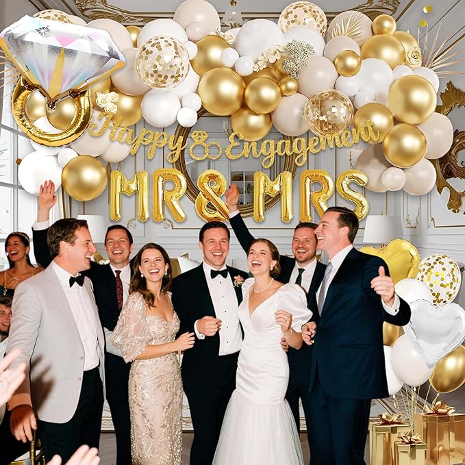 Engagement Party Decorations Set, Gold and White Balloon, MR & MRS Balloons with Foil Backdrop, Cake Toppers and Banners,Sash