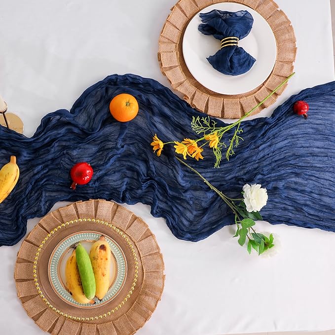 Snowkingdom 10 Ft Navy Blue Cheesecloth Table Runner, 120 inch Long Cheese Cloth Boho Gauze Runner for Christmas Wedding Bridal Baby Shower Birthday Holiday Party Sheer Table Decorations